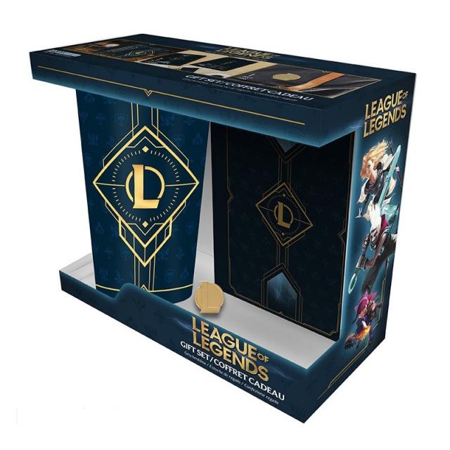 Комплект ABYSTYLE LEAGUE OF LEGENDS - Pck XXL glass + Pin + Notebook "Hextech logo" 