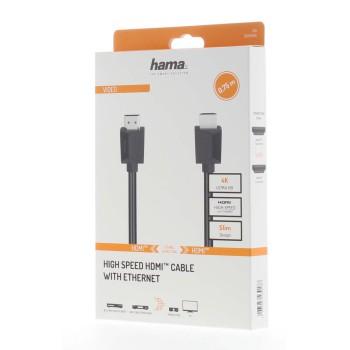 Кабел HAMA 205004, HDMI мъжко - HDMI мъжко, 4K, 18Gbit/s, Ethernet, 0.75 м, Екраниран, Черен 