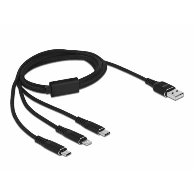 Кабел за зареждане Delock  3 в 1, USB - Lightning Micro USB- USB-C, 1м, Черен