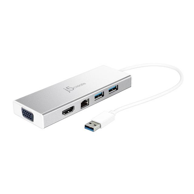 6-портов хъб j5create Mini Dock JUD380, USB 3.0, Gigabit Ethernet, HDMI, VGA, USB-B, Бял 