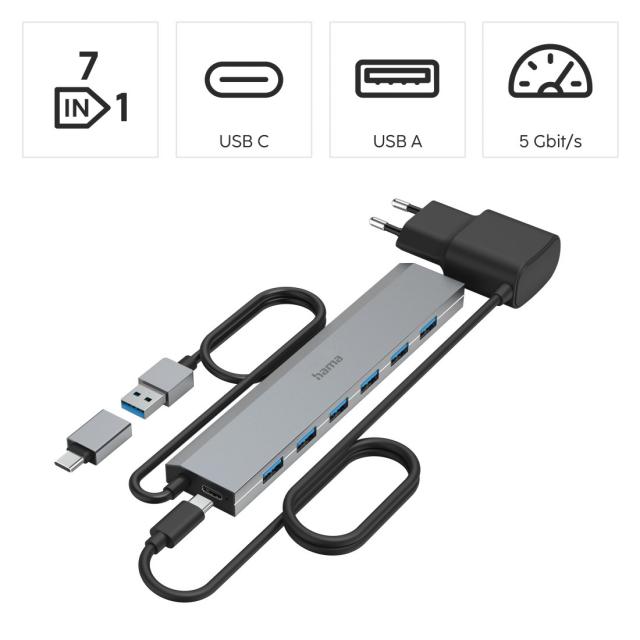 HAMA USB Hub, 7 Ports, USB 3.2 Gen 1, 5 Gbit/s, incl. USB-C Adapter and PSU 