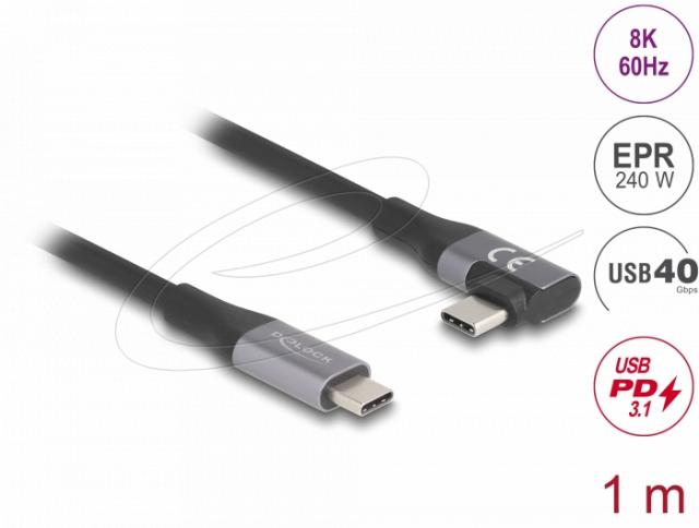 Delock USB 40 Gbps cable angled left / right USB PD 3.1 Extended Power Range 240W, 1 m 