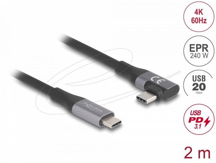 Delock USB-C Кабел 90°, 20 Gbps USB PD 3.1, 240W, 2 m