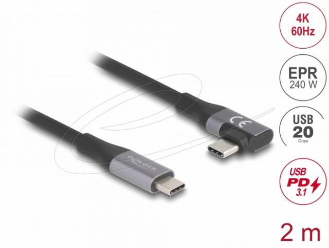 Delock USB 20 Gbps cable angled left / right USB PD 3.1 Extended Power Range 240 W 2 m 