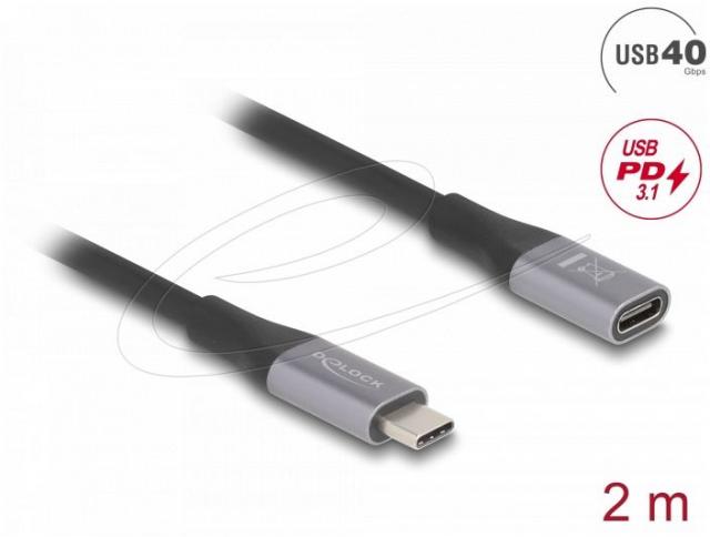 Delock USB 40 Gbps Extension Cable USB Type-C™ male to female PD 3.1 240 W 2 m grey metal 