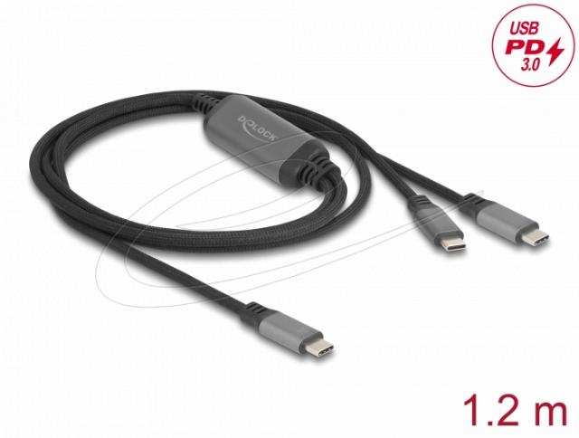 Delock USB-C™ Y-Cable 1 x male to 2 x male PD 3.0 100 W intelligent power distribution 1.2 m 