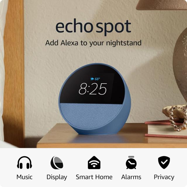 All-new Echo Spot (2024 release), Smart alarm clock with vibrant sound + Alexa, Glacier Blue 