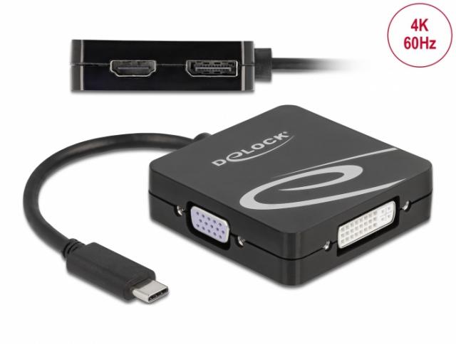 4in1 Adapter Delock 63129 USB-C - VGA / DVI / Displayport / HDMI Socket, Black 