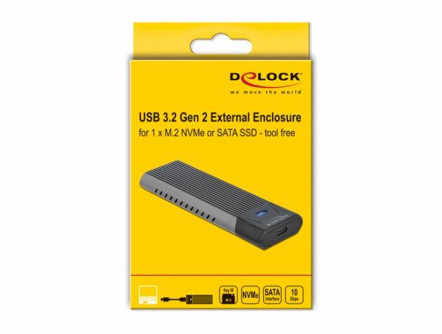 Външна стойка Delock, За M.2 NVMe PCIe или SATA SSD, USB-C 3.2 Gen 2, Инсталация без инструменти 