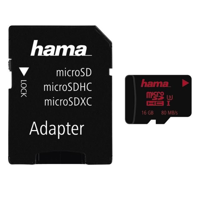 Memory card HAMA 123980, microSDHC UHS-I, 16GB, 80 MB/s, Class U3, SD Adapter