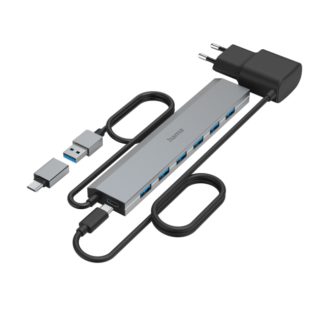 HAMA USB Hub, 7 Ports, USB 3.2 Gen 1, 5 Gbit/s, incl. USB-C Adapter and PSU 