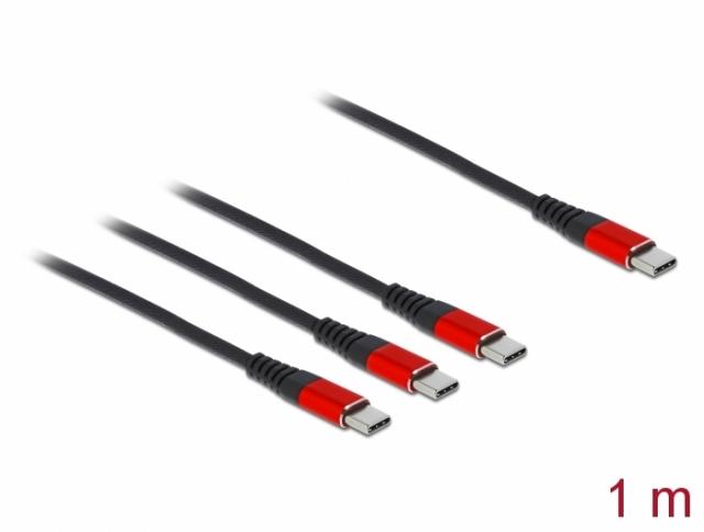 Кабел за зареждане Delock  3 в 1, USB-C - 3 x USB-C, 1м, Черен/Червен 