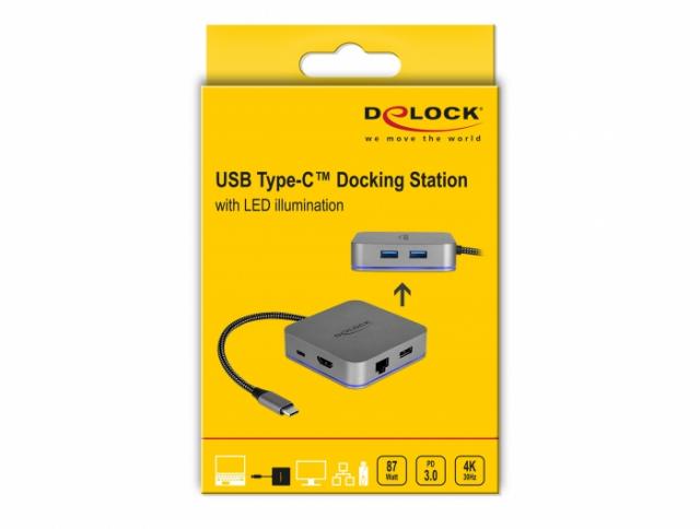 Докинг станция Delock, USB-A, USB-C, HDMI, Gigabit LAN, PD, Подсветка, Сива 