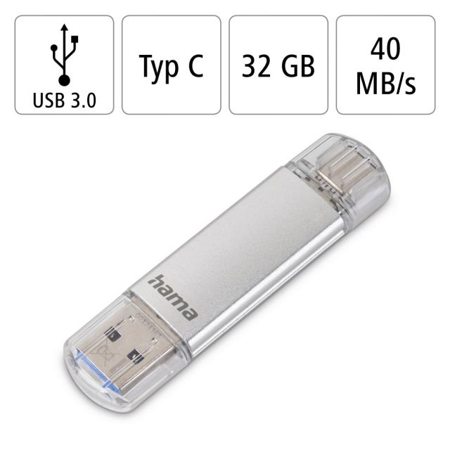 USB памет HAMA Тип USB-C/USB-A 3.0 Laeta, 32GB, 40 MB/s, silver 