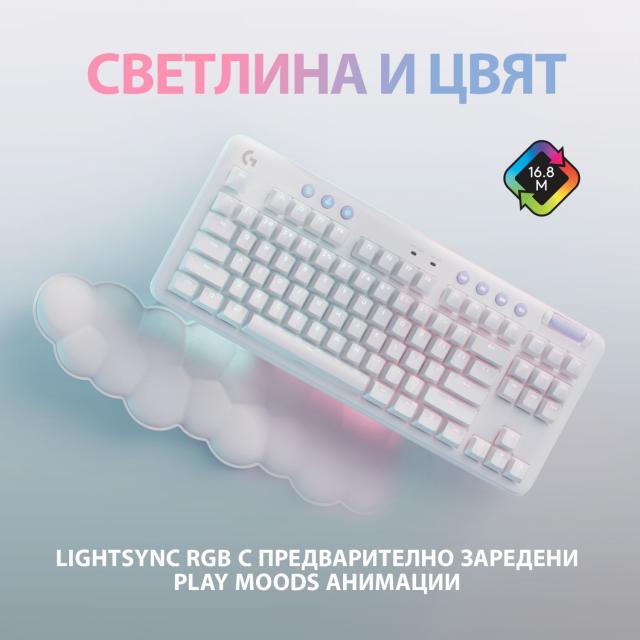 Безжична геймърска механична клавиатура Logitech G G715, TKL, Tactile, RGB LED, US Layout, бяла 