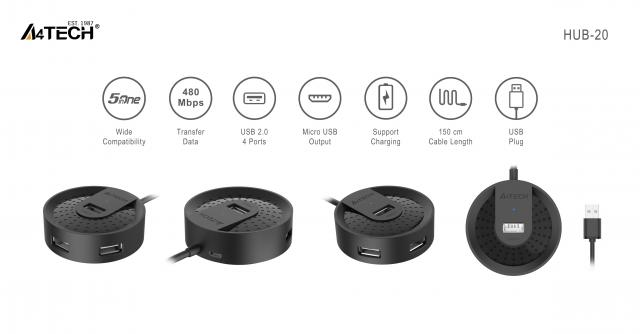 A4tech USB Hub HUB-20, 4 Ports, USB 2.0 