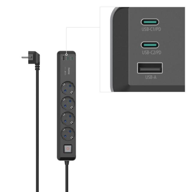 Разклонител, 4-гнезда, USB-C/A 65 W, PD, HAMA-223189 