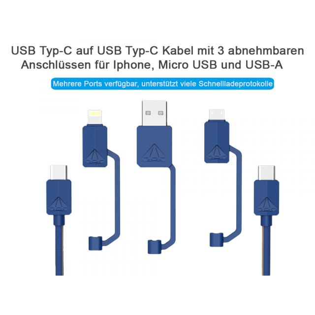 Combo cable for fast charging  Type-C- Micro USB/ Lightning/ USB-A blue color   PDC-3  XTAR