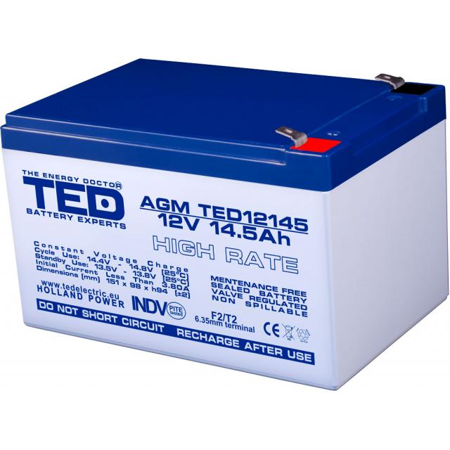 Оловна батерия TED ELECTRIC EV12 -14.5, AGM, 12V, 14.5 Ah, Терминал2