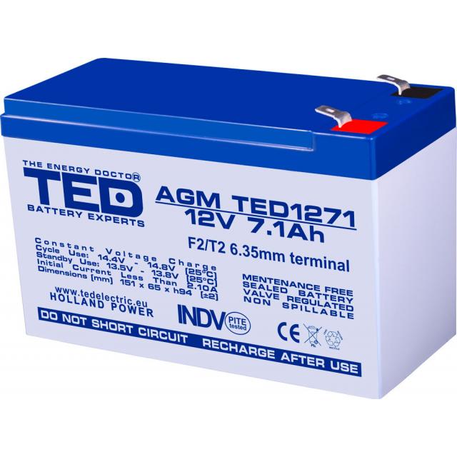 Lead Battery AGM  12V / 7Ah - 151 / 65 / 94 mm T2  TED ELECTRIC