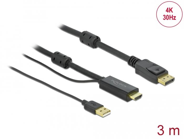 Кабел Delock HDMI мъжко - DisplayPort USB мъжко, 4K 30 Hz, 3 м, Черен