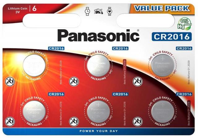 Бутонна батерия литиева PANASONIC CR2016, 3V, 6 бр. в блистер /цена за 6 бр./ 