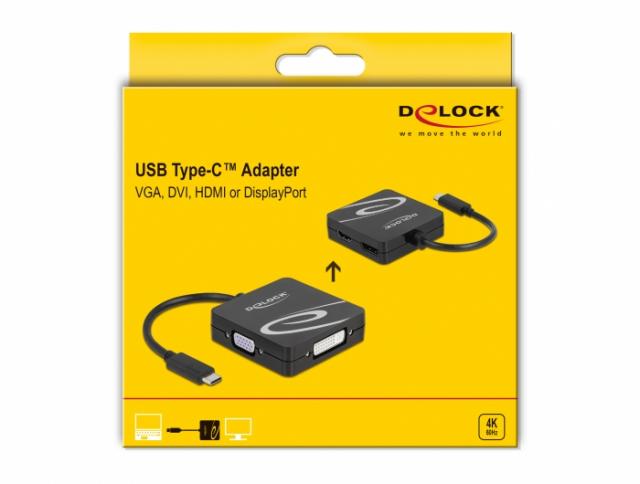 4in1 Adapter Delock 63129 USB-C - VGA / DVI / Displayport / HDMI Socket, Black 