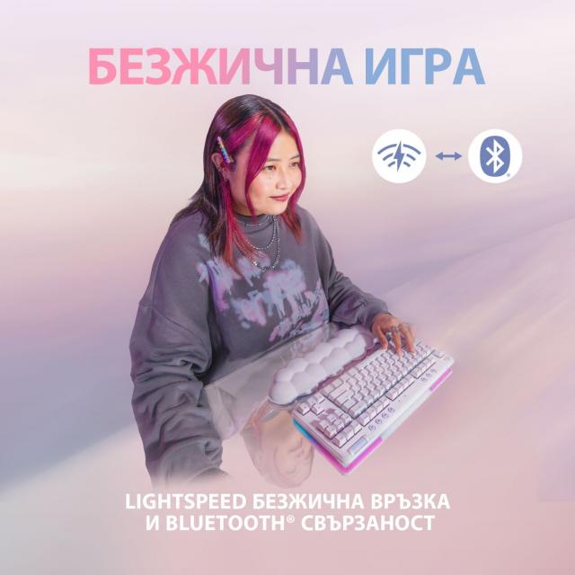 Безжична геймърска механична клавиатура Logitech G G715, TKL, Tactile, RGB LED, US Layout, бяла 