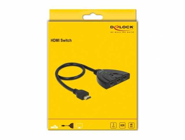 3 портов HDMI суич Delock 18600, 4K, 50 см. кабел, Черен 
