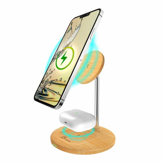 j5create Wood Grain 2-in-1 Magnetic Wireless Charging Stand 
