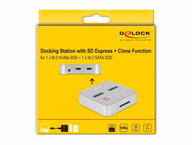 Докинг станция Delock 1 x M.2 NVMe SSD, 1 x M.2 SATA SSD, SD Express Card Reader, Клониране 