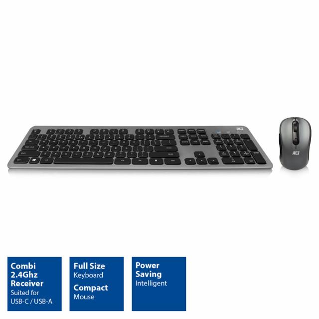 ACT Wireless Keyboard and Mouse set, USB-C/USB-A combi receiver 