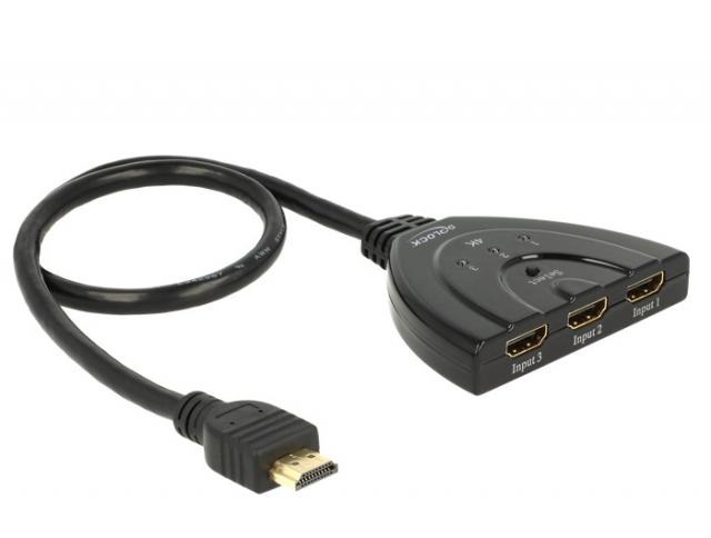 3 портов HDMI суич Delock 18600, 4K, 50 см. кабел, Черен 