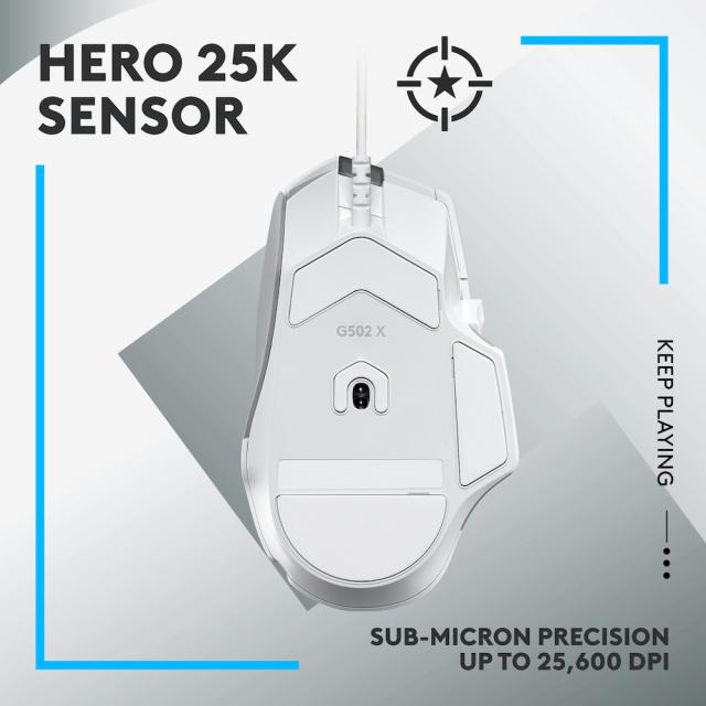 Геймърска мишка Logitech, G502 X, Оптична,  Жична, USB, Бяла 