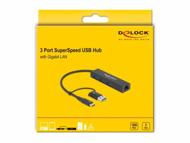 USB хъб 3 порта, 3.2 Gen 1, DELOCK-64149 