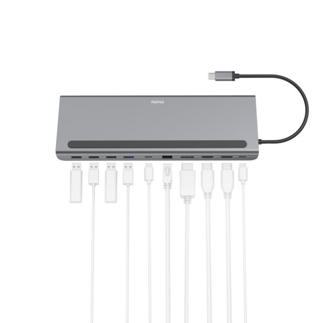 Докинг станция 10 в 1 HAMA Connect2Office Pro, USB-A, USB-C (PD), HDMI, DP, LAN/Ethernet, Сива 