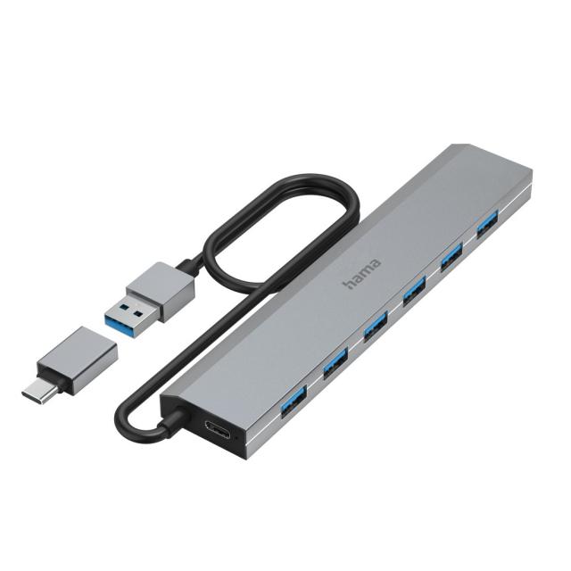 HAMA USB Hub, 7 Ports, USB 3.2 Gen 1, 5 Gbit/s, incl. USB-C Adapter and PSU 