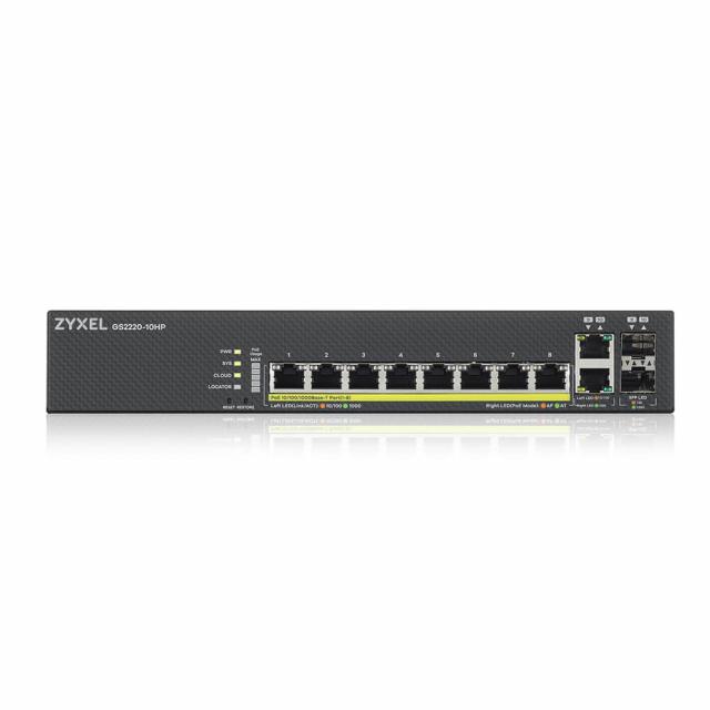 Switch ZyXEL GS2220-10HP Switch 8-port GbE PoE + 2-port Combo (RJ45/SFP) L2 with GbE Uplink (1 year NCC Pro pack license bundled), managed 
