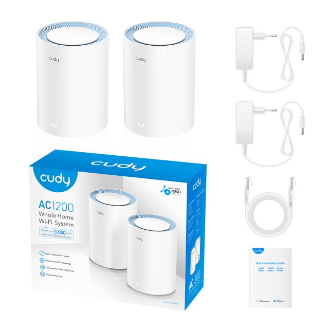 Безжична Mesh система Cudy M1200 2, AC1200 Dual Band, 2.4/5 GHz, 300 -  867 Mbps, 2 броя 