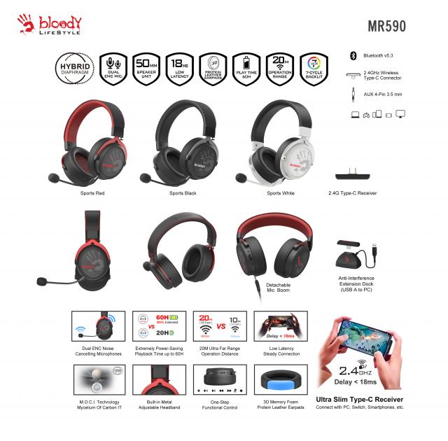 A4tech Bloody МR-590 Геймърски безжични слушалки с микрофон,Bluetooth 3.5мм жак, червен 