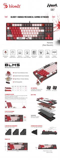 А4tech Геймърска механична  клавиатура Bloody Naraka S87  TKL Backlit red switch , USB 