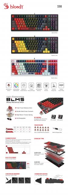 А4tech Геймърска механична  клавиатура Bloody Sports Navy S98 BLMS RGB Backlit red switch , USB 
