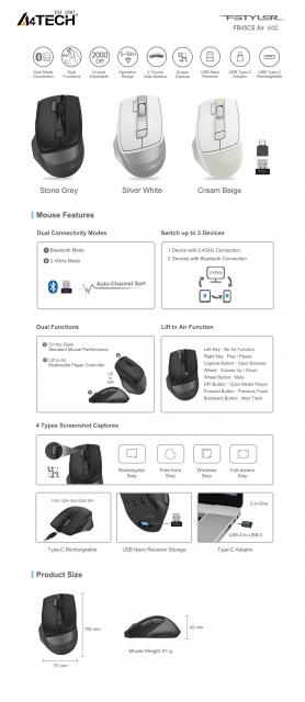 A4tech FB45CS Air'2 Stone grey безжичнa мишка, Dual mode, до 2000 dpi, черна 