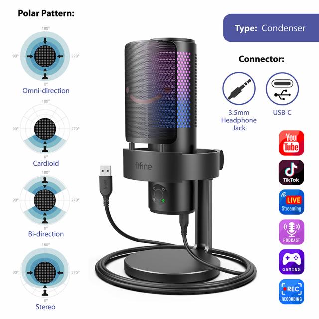 Настолен микрофон FIFINE A9 RGB 4 Polar Patterns- Black 