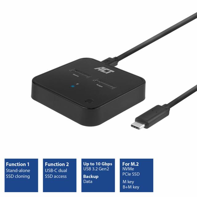 Dual SSD docking clone station, ACT M.2 NVMe/PCIe, USB-C 3.2 Gen2, 10 Gbps 