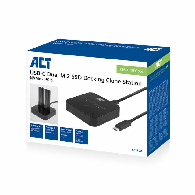 Dual SSD docking clone station, ACT M.2 NVMe/PCIe, USB-C 3.2 Gen2, 10 Gbps 