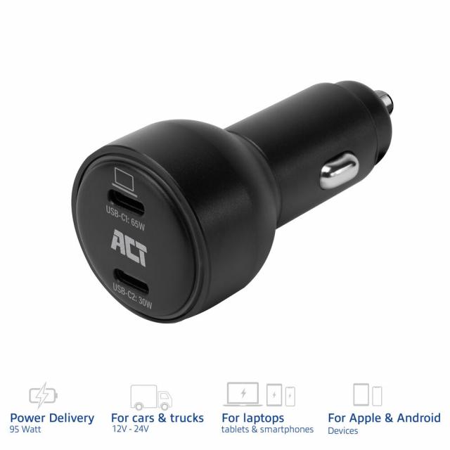 ACT Бързо зарядно за кола 95W 2x USB-C, PD, GAN, 12-24V 
