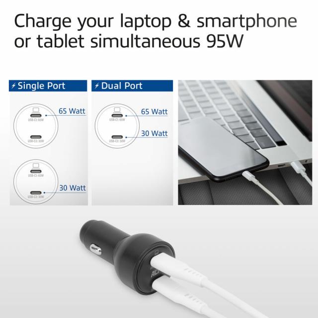 ACT Бързо зарядно за кола 95W 2x USB-C, PD, GAN, 12-24V 