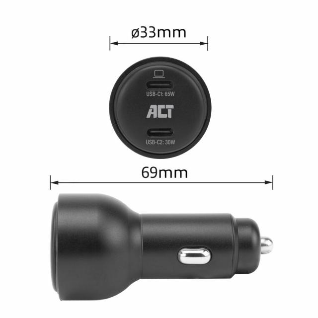 ACT Бързо зарядно за кола 95W 2x USB-C, PD, GAN, 12-24V 