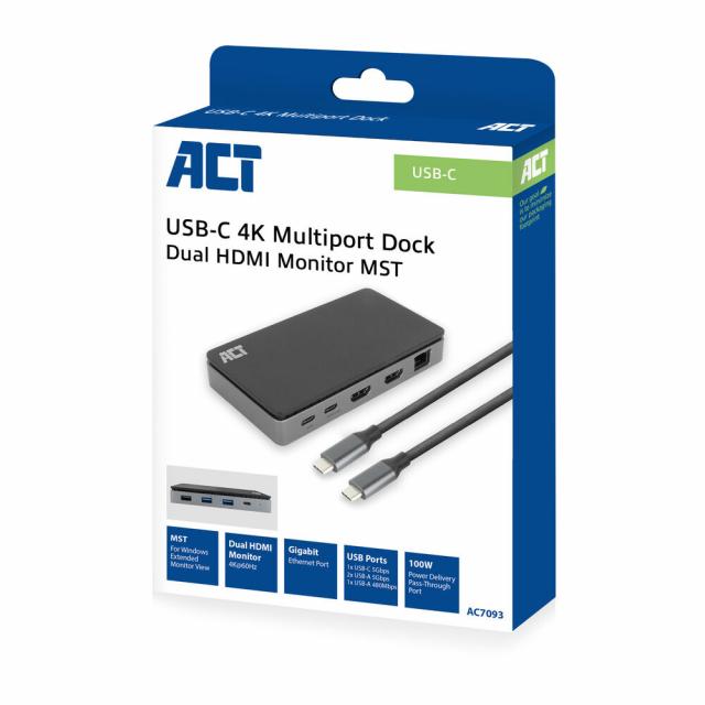 ACT Докинг станция USB-C, 4K, 2 x HDMI, Ethernet, USB-C, 3x USB-A 